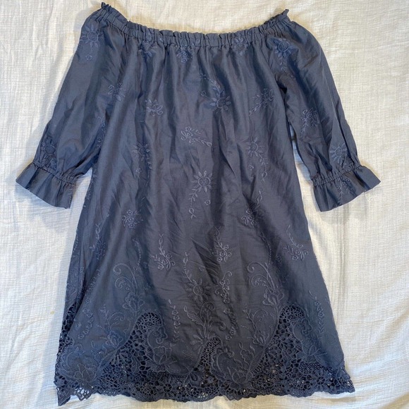 Abercrombie & Fitch Off the Shoulder Blue Embroidered Loose Fit Dress Small - Picture 3 of 13
